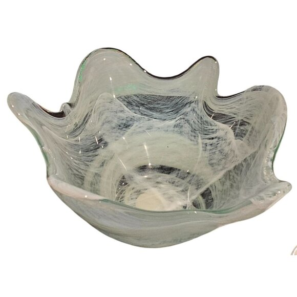 Hand Blown Recycled Glass Bowl Swirled Design Made in Spain Light Blue White - Picture 1 of 8